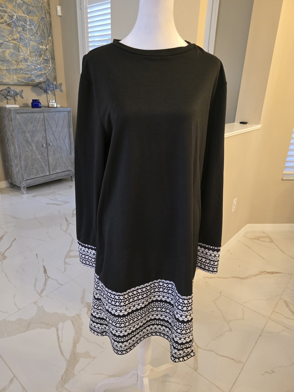 Black Long-Sleeve A-Line Dress with White Pattern Hem